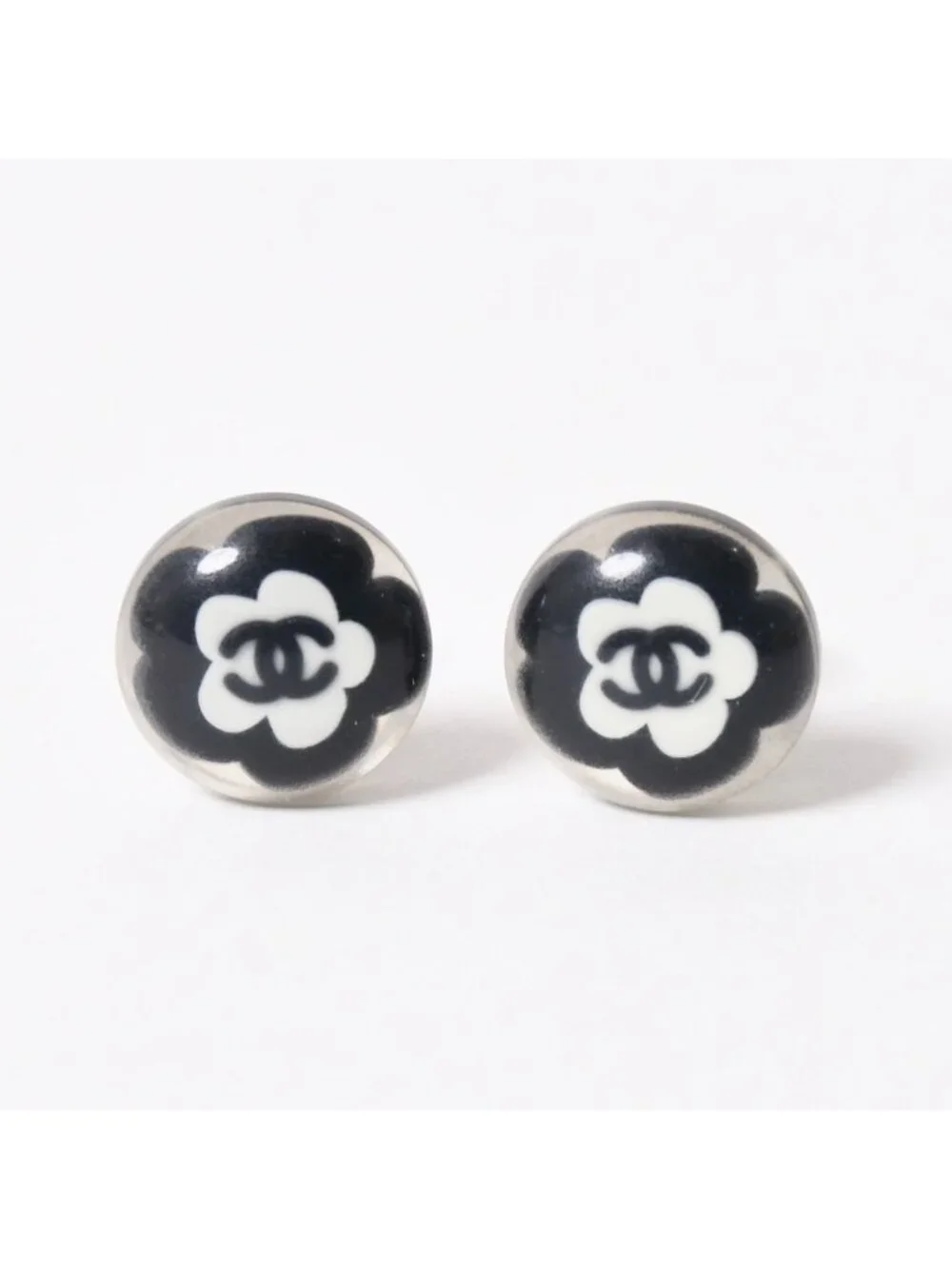Chanel CC Logo Earrings 04 Button Flower Camellia Clear Resin